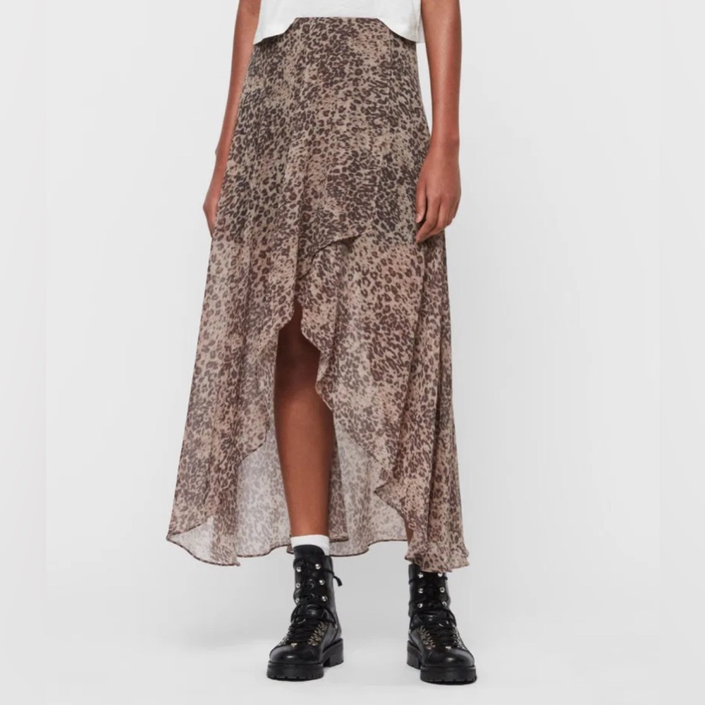 AllSaints Slvina Brown Leopard Asymmetrical Midi Skirt